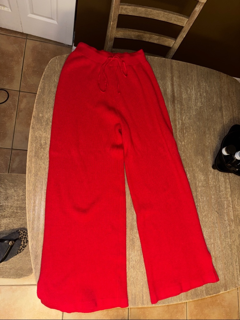 Red Wide-Leg Knit Pants with Drawstring - Picture 5 of 6
